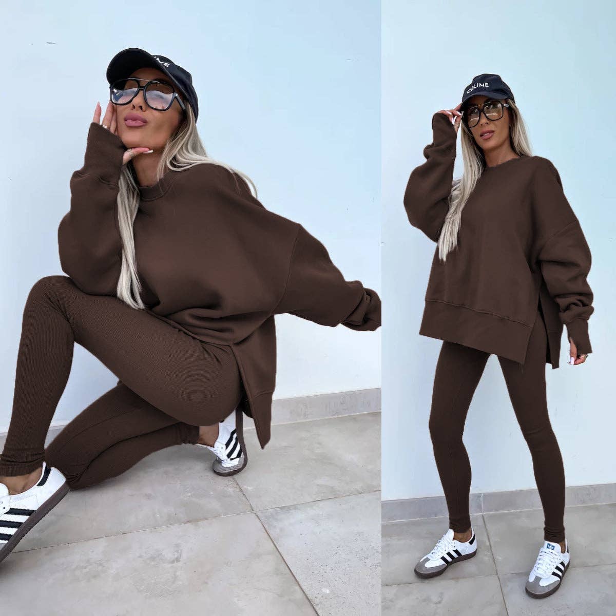 Oversized Sweatshirt and Leggings Two Piece Set: Blue / 100%Polyester / L