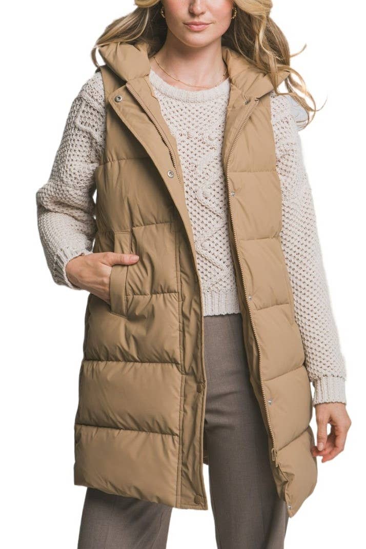 Hooded Long Quilted Puffer Vest: BLACK / 2-2-2(S-M-L)