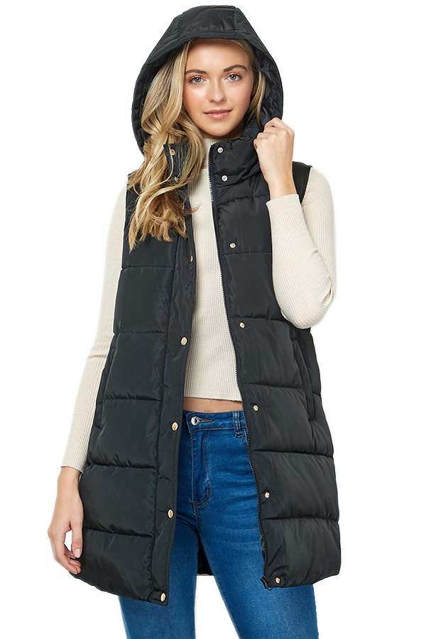 Longline Quilted Puffer Vest with Attached Hood: Black