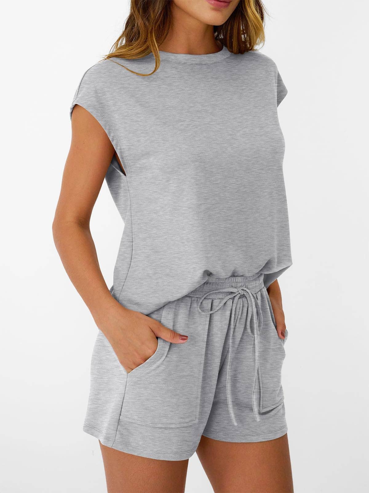 Casual Lounge Set Cap Sleeve Top Drawstring Shorts: Black / 65%Polyester+30%Viscose+5%Elastane / M