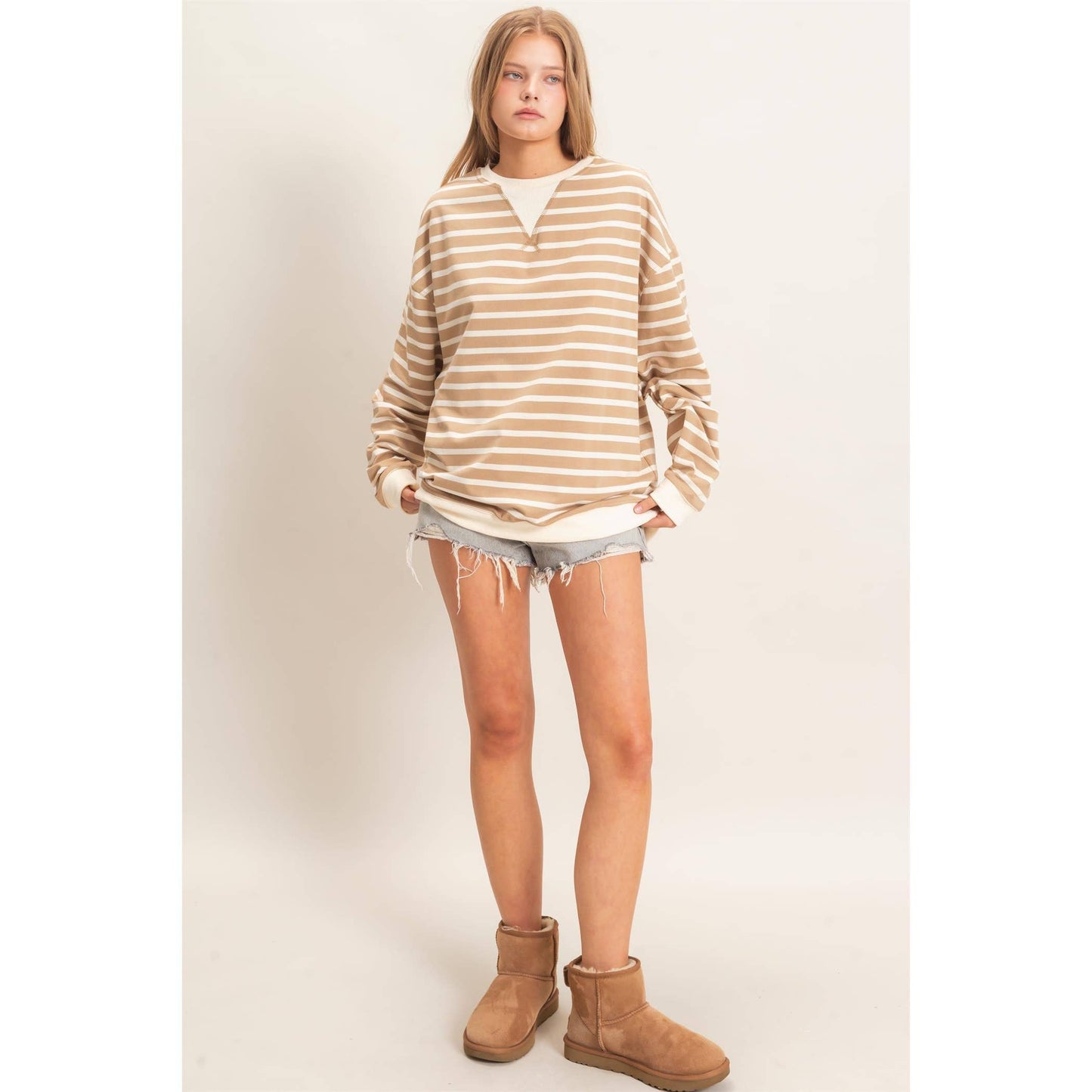 Striped Long Sleeve Pullover: GRAY/ECRU / S-M-L(2-2-2)