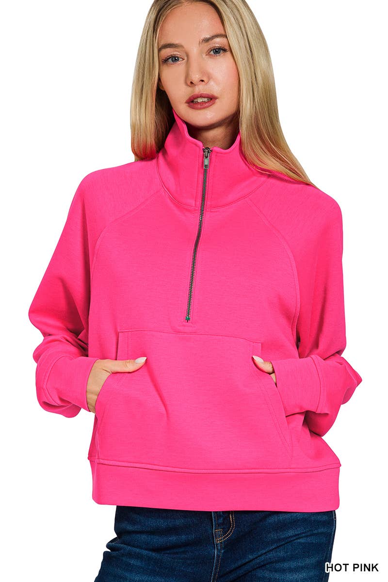 Scuba Half Zip Pullover With Kangaroo Pocket Zenana: CHOCOLATE-202375 / M