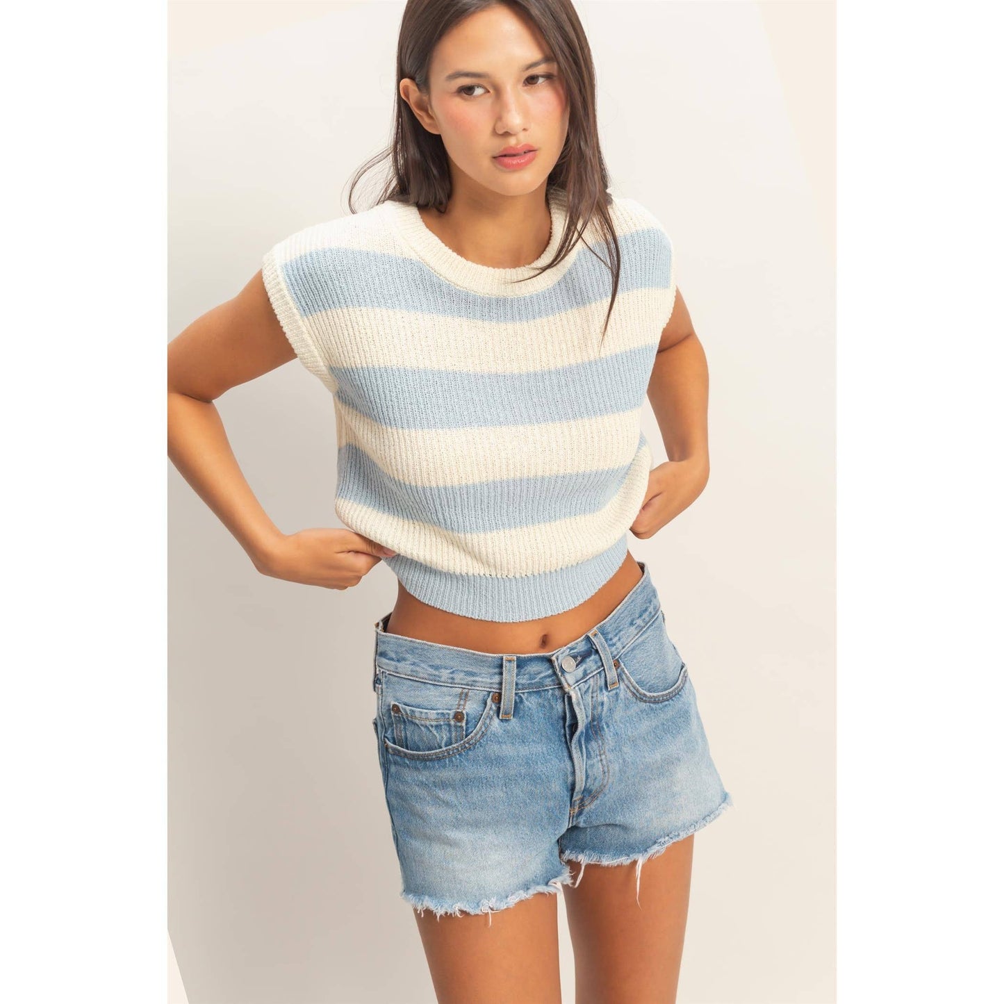Striped Ribbed Knit Top: TAUPE / S-M-L(2-2-2)