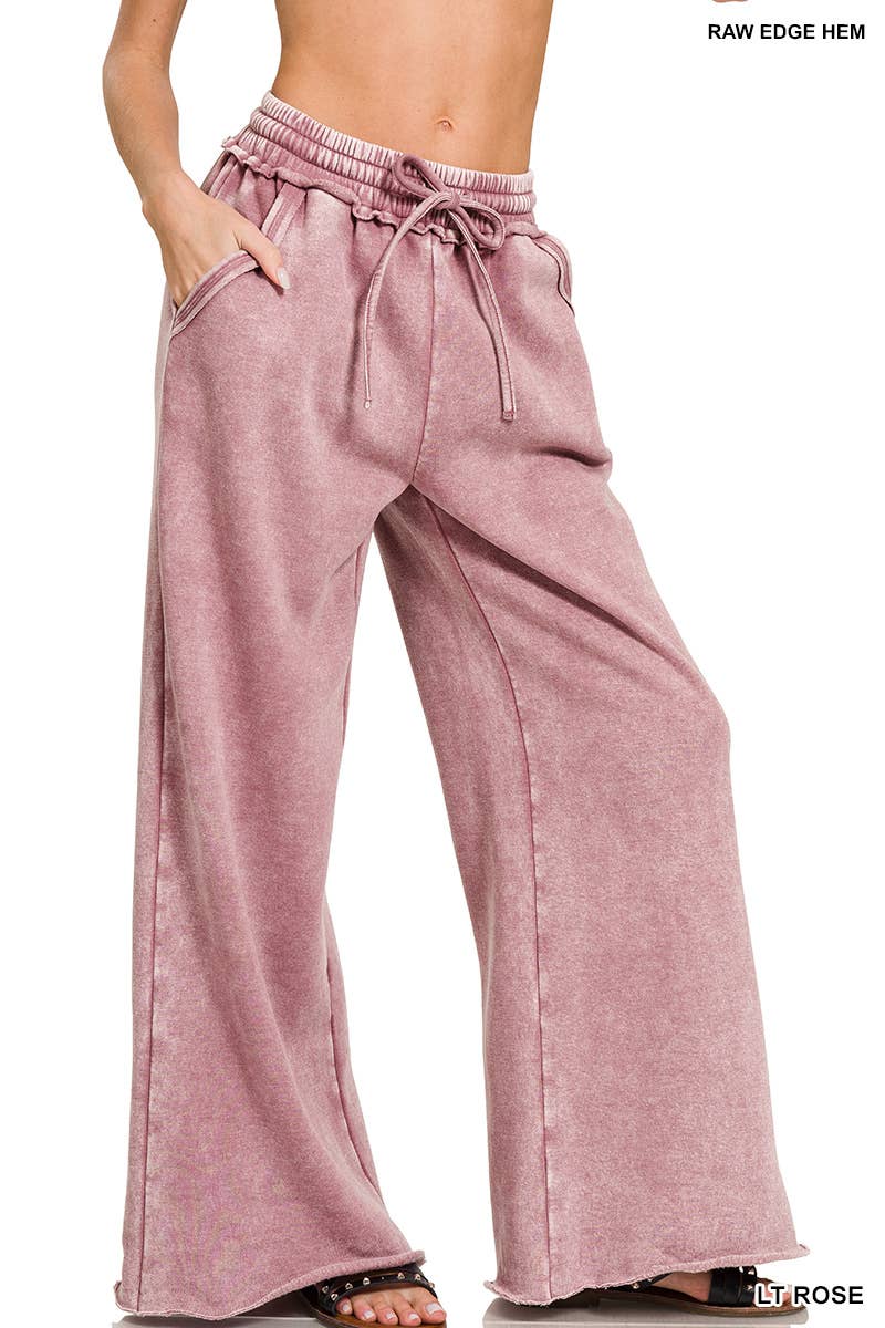 Acid Wash Fleece Palazzo Sweatpants With Pockets: BLACK / 2-2-2 (S-M-L)