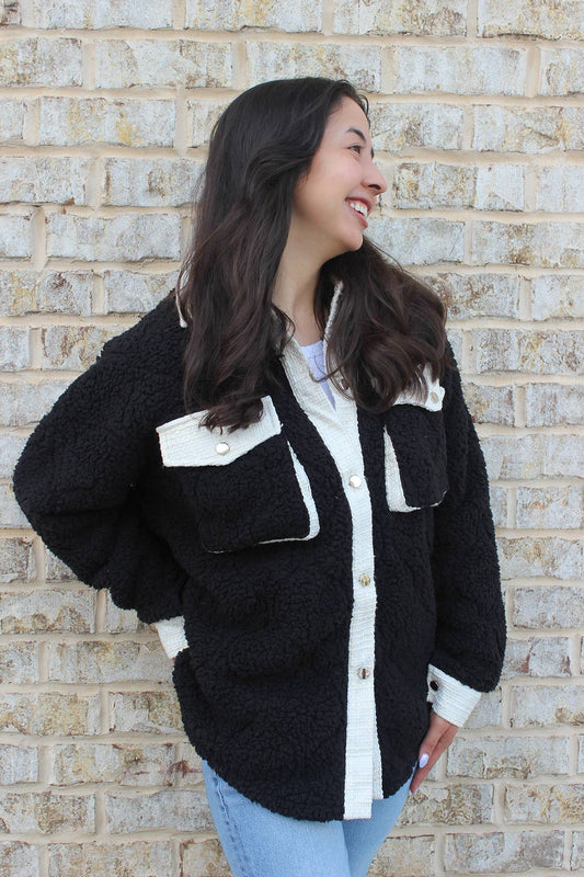SKT2391 Myrtle Sherpa/Tweed Shacket: Black / L/XL