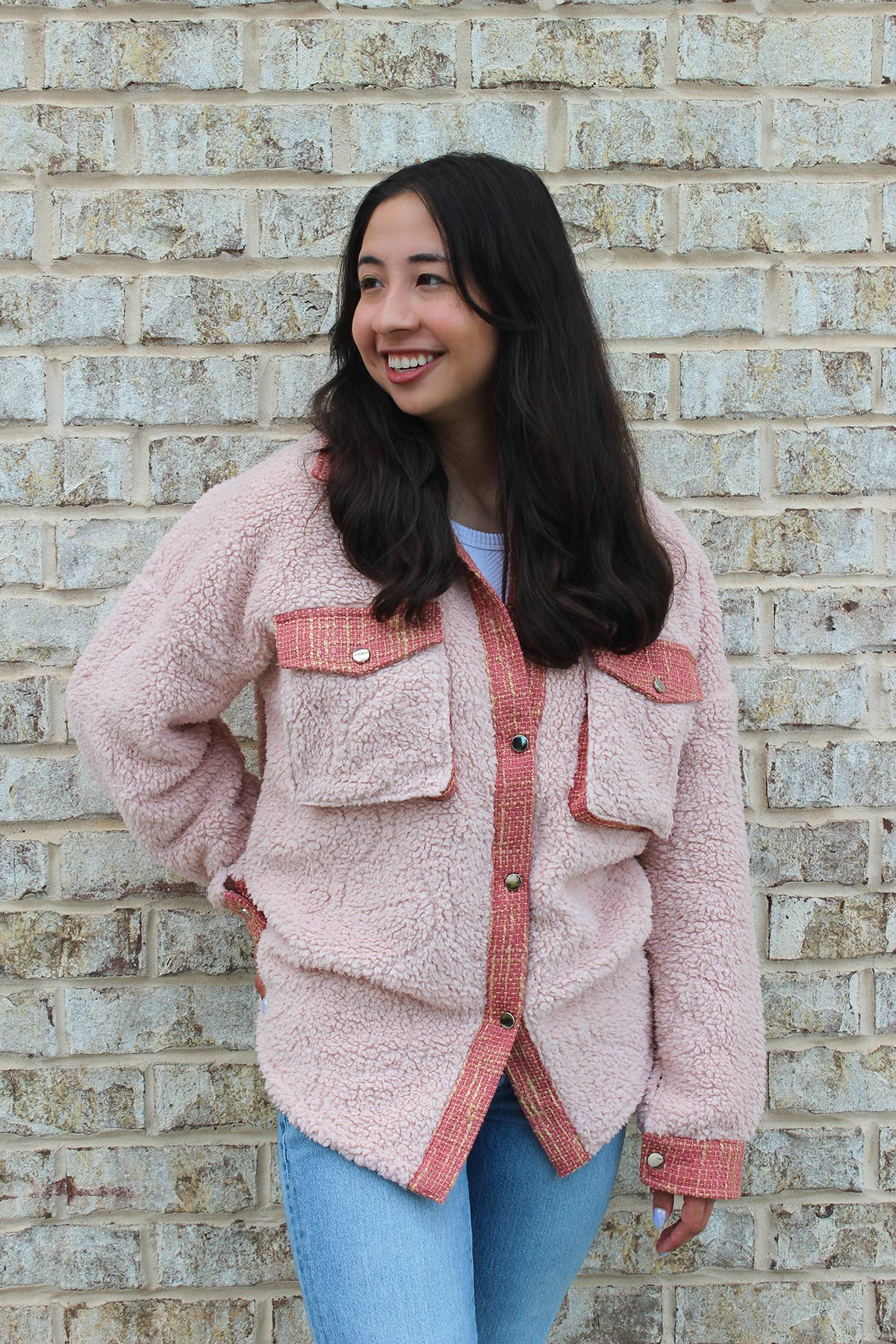 SKT2391 Myrtle Sherpa/Tweed Shacket: Pink / L/XL