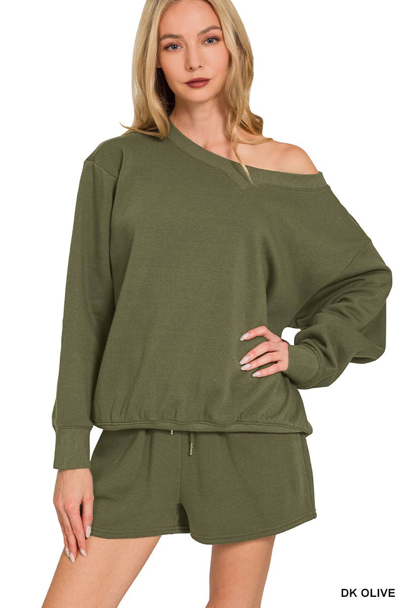 Fleece Sweatshirts & Drawstring Shorts 2pc Set Zenana: ASH MOCHA-186261 / S