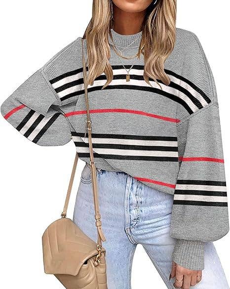 Retro Cozy Multi Striped Lantern Sleeves Knit Sweater: Camel / 2XL