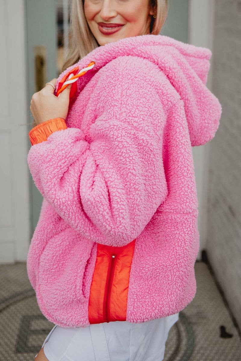 Pink Two-Toned Sherpa Pullover Hoodies: Pink / M