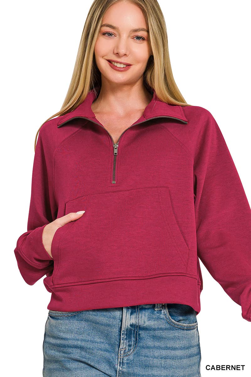 Scuba Half Zip Pullover With Kangaroo Pocket Zenana: CABERNET-202374 / L