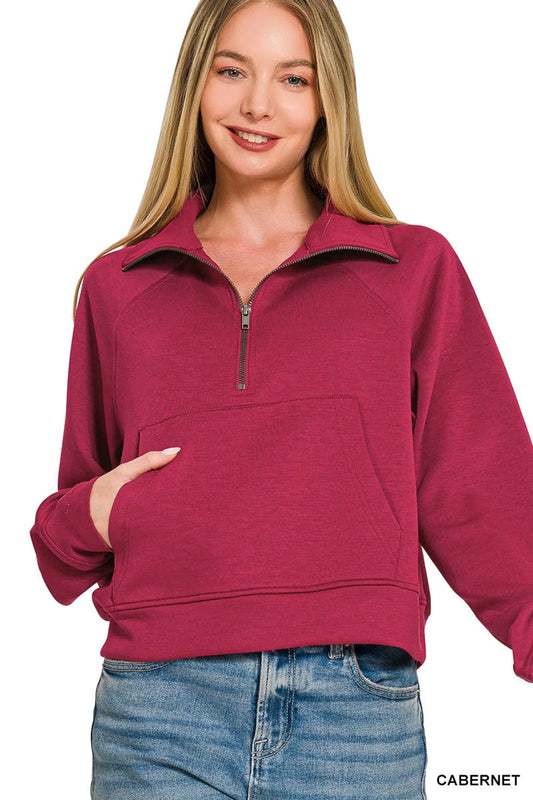 Scuba Half Zip Pullover With Kangaroo Pocket Zenana: CABERNET-202374 / L