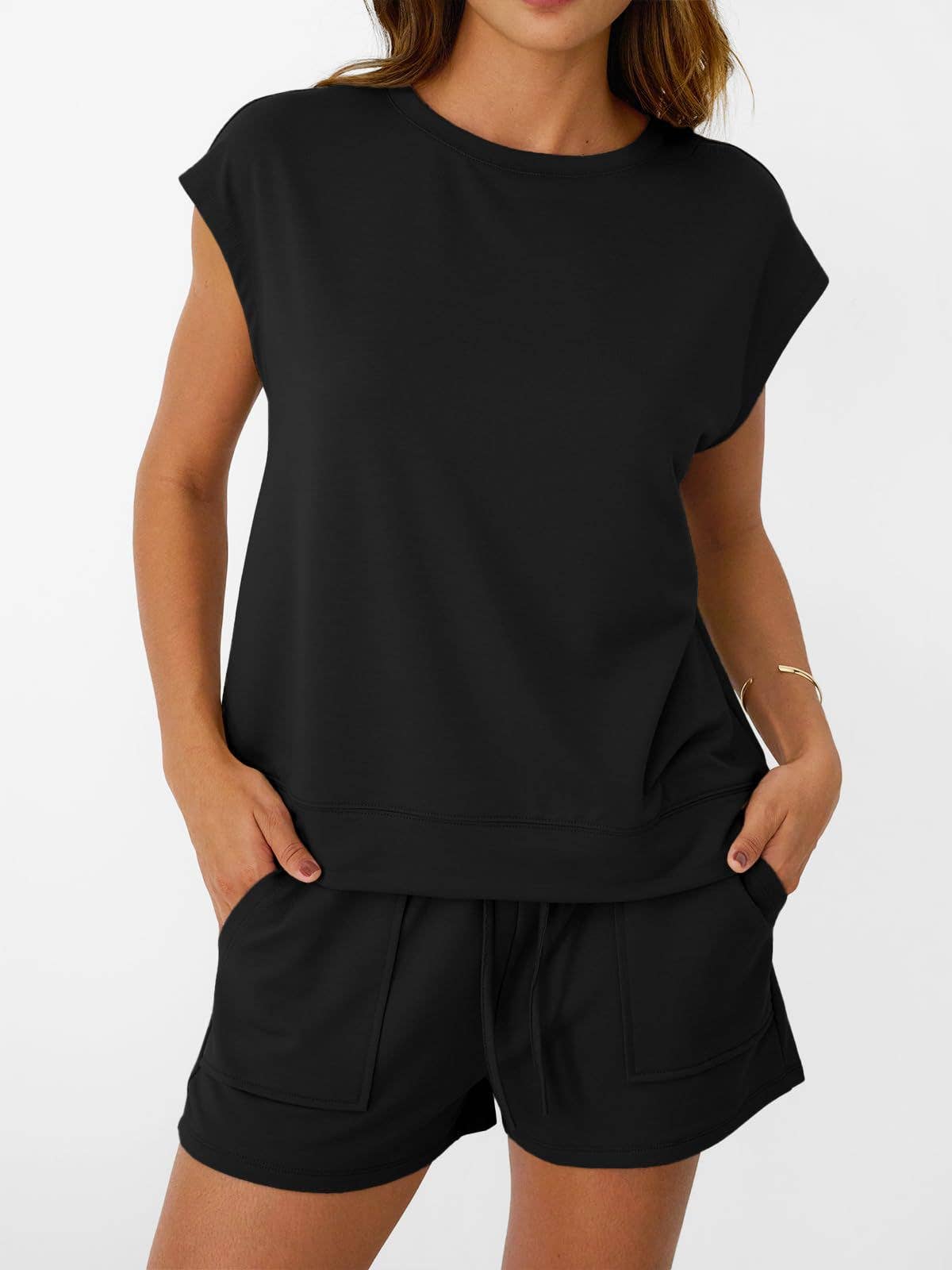 Casual Lounge Set Cap Sleeve Top Drawstring Shorts: Black / 65%Polyester+30%Viscose+5%Elastane / L