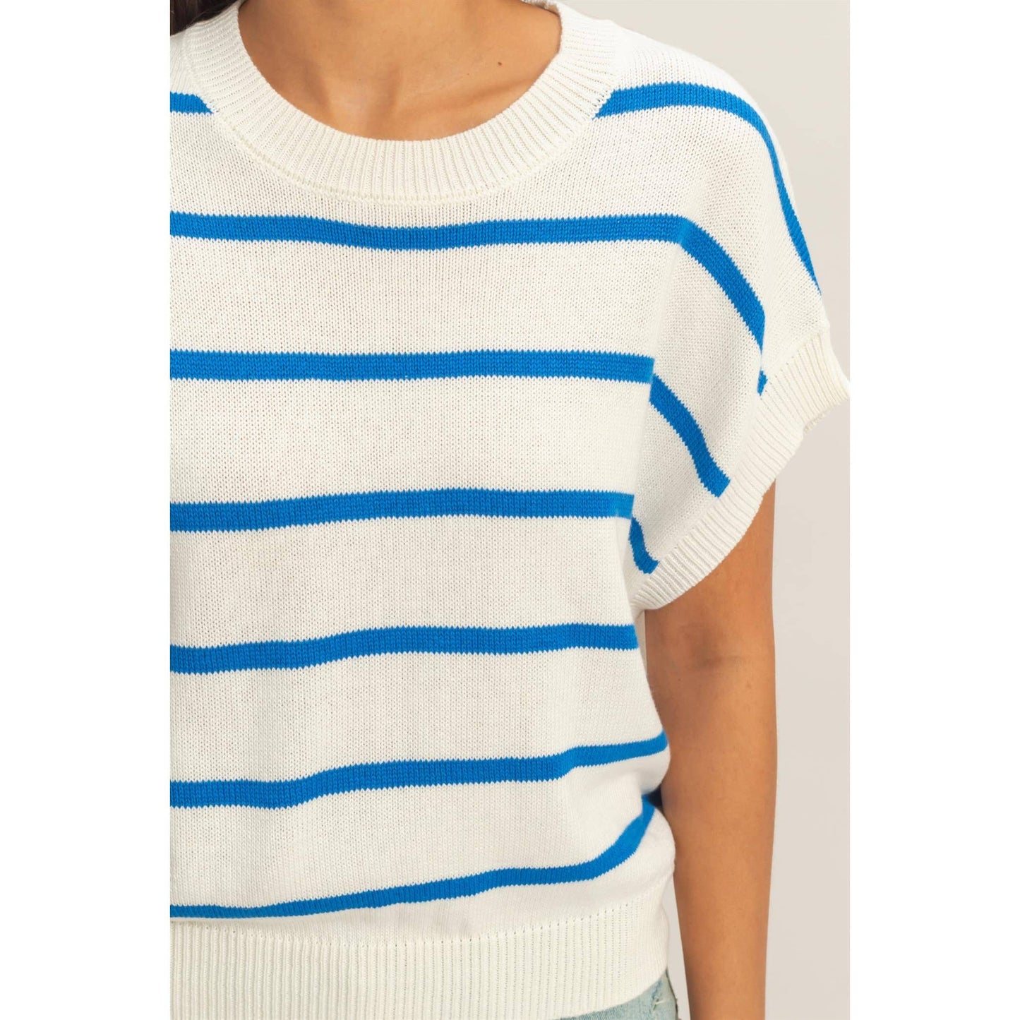 Striped Crew Neck Knit Top: BLUE / S-M-L(2-2-2)