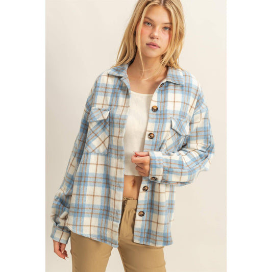 Collared Plaid Shacket: BLUE / S-M-L(2-2-2)