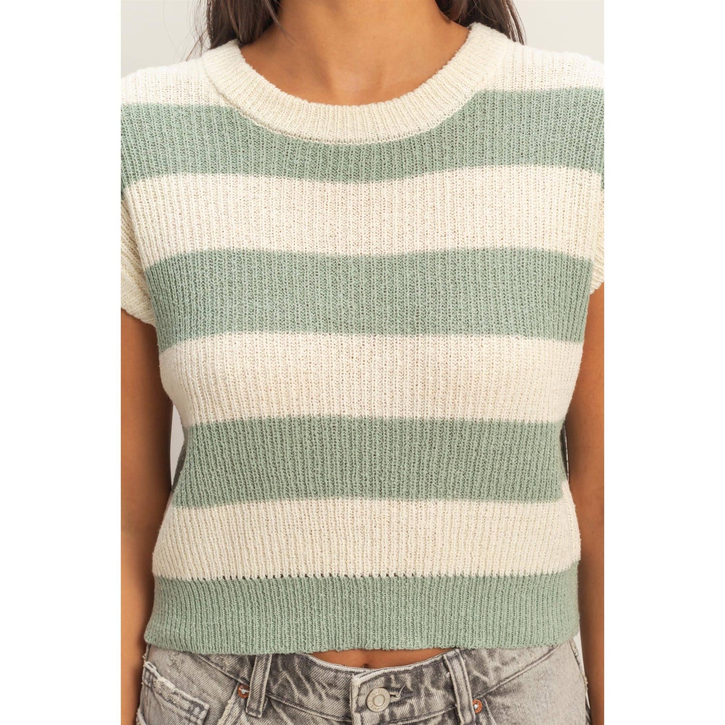 Striped Ribbed Knit Top: TAUPE / S-M-L(2-2-2)