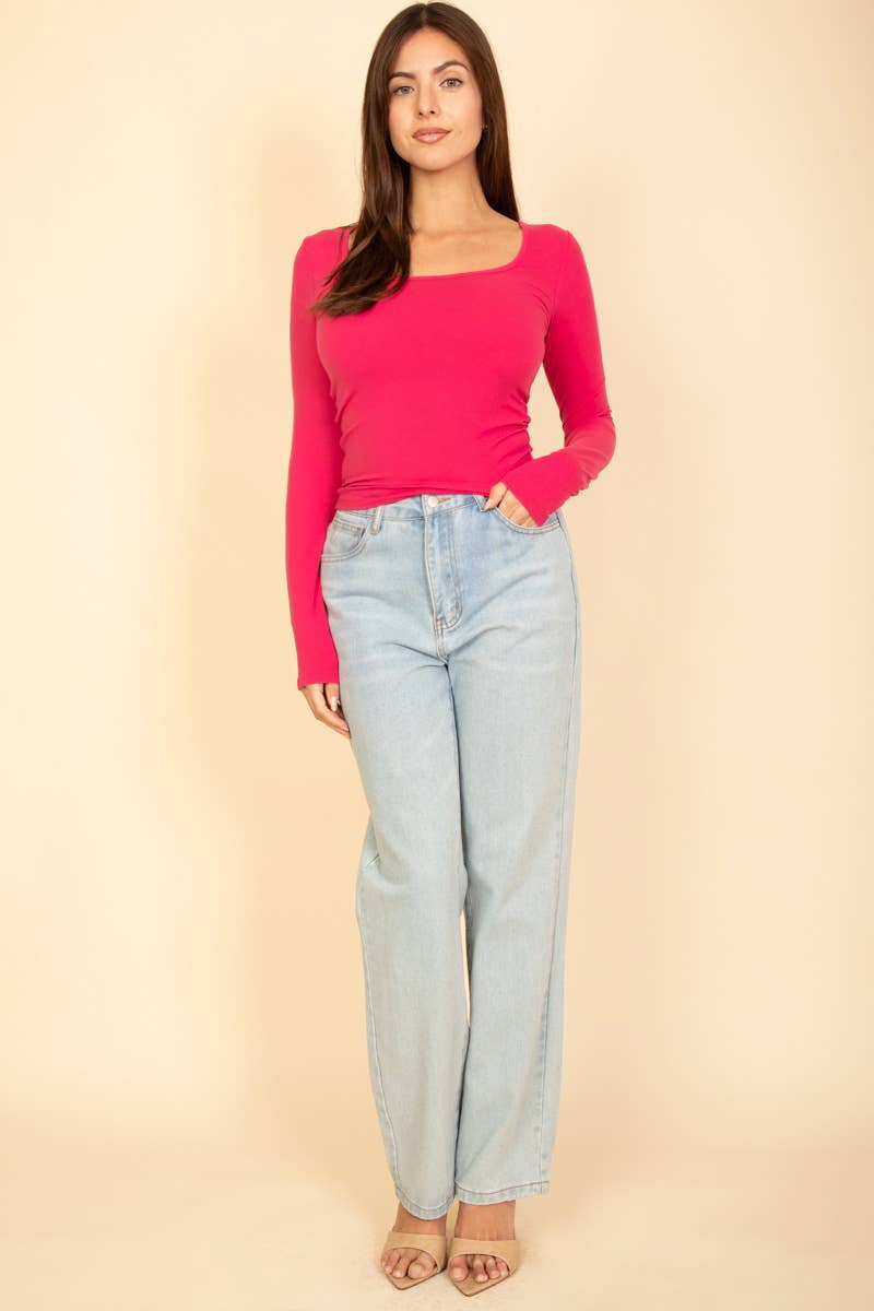 Square Neck Long Sleeve Top: RED / S