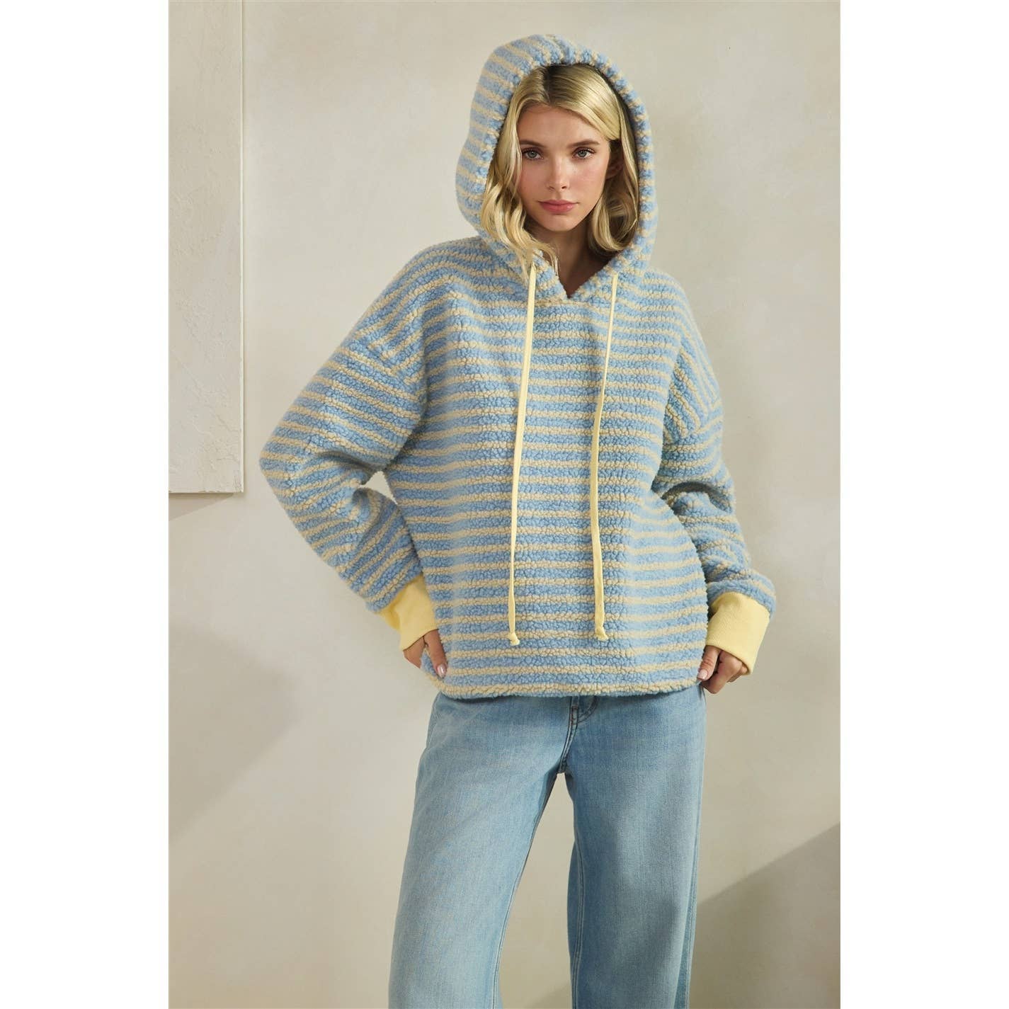 Teddy Striped Contrast Cozy Hoodie: Brown / M