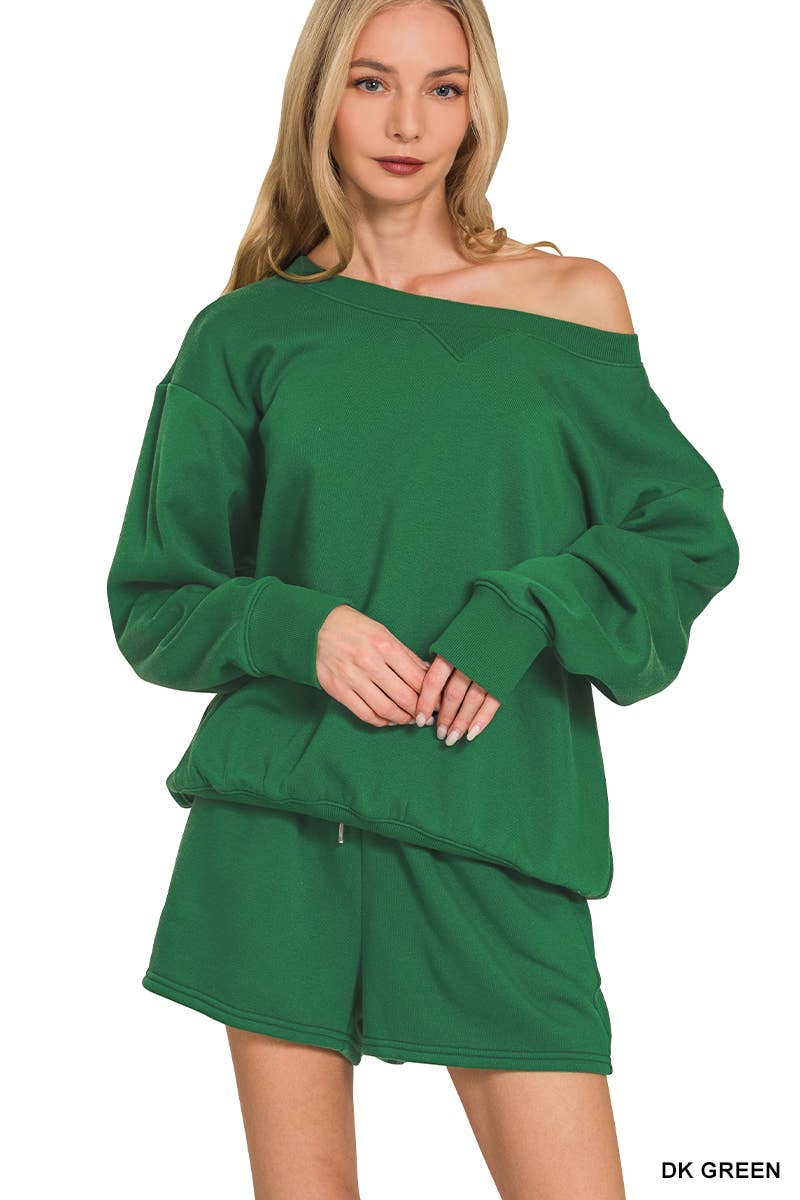 Fleece Sweatshirts & Drawstring Shorts 2pc Set Zenana: ASH MOCHA-186261 / M