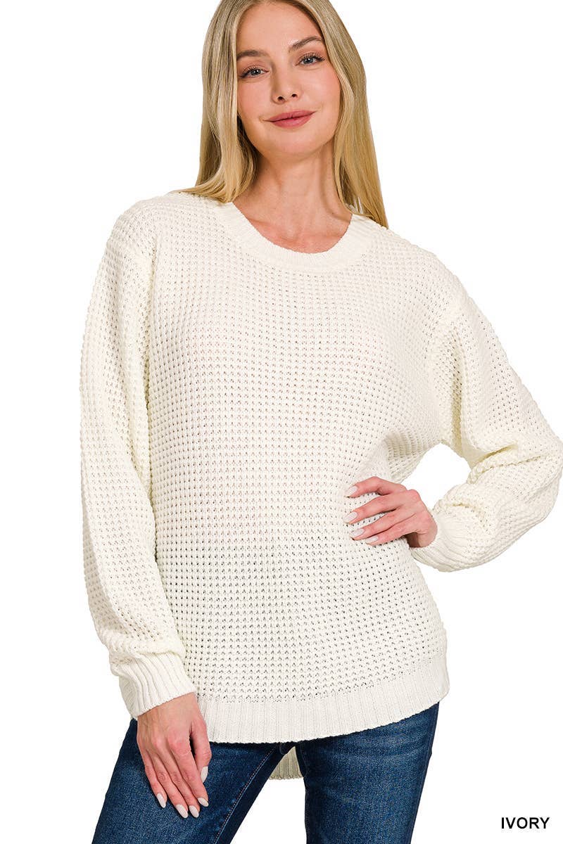 Hi-low Long Sleeve Round Neck Waffle Sweater: TURQUOISE / 1-1-1-1 (S-M-L-XL)