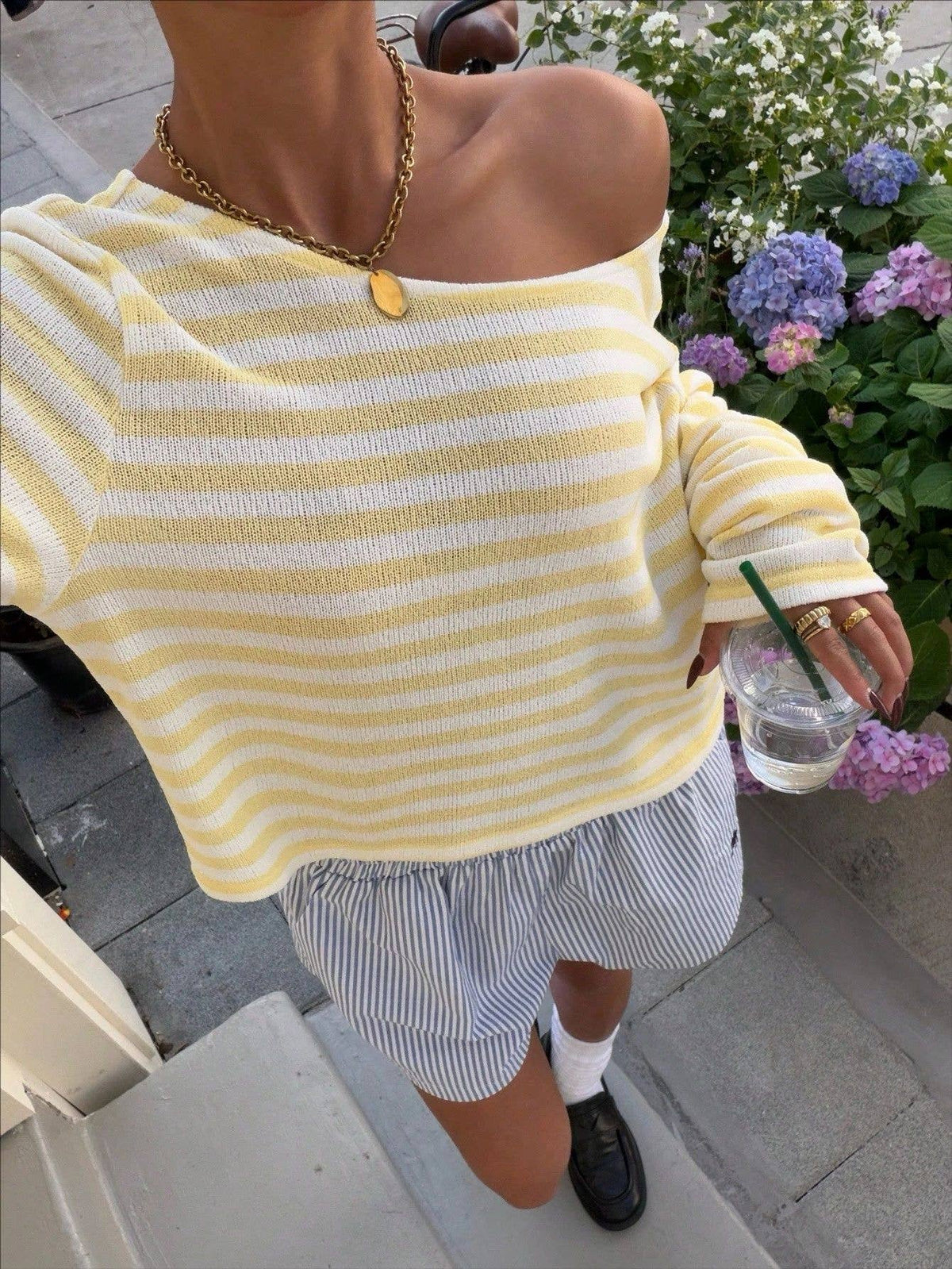 Colorblock Striped Knit Off The Shoulder Sweater Top: Black / S
