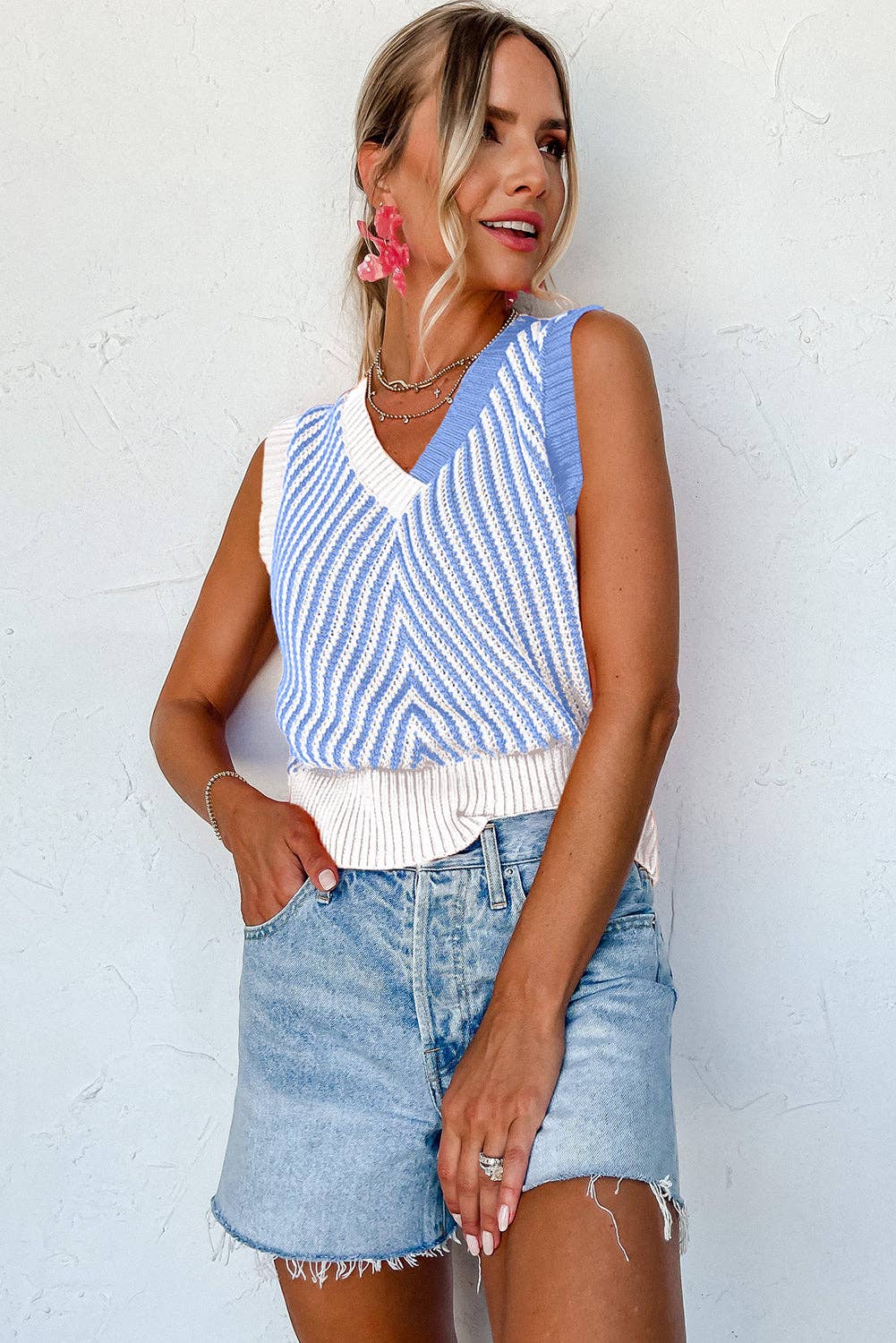 Strawberry Pink Contrast Chevron Knit V Neck Sweater Vest: Strawberry Pink / 100%Viscose / L