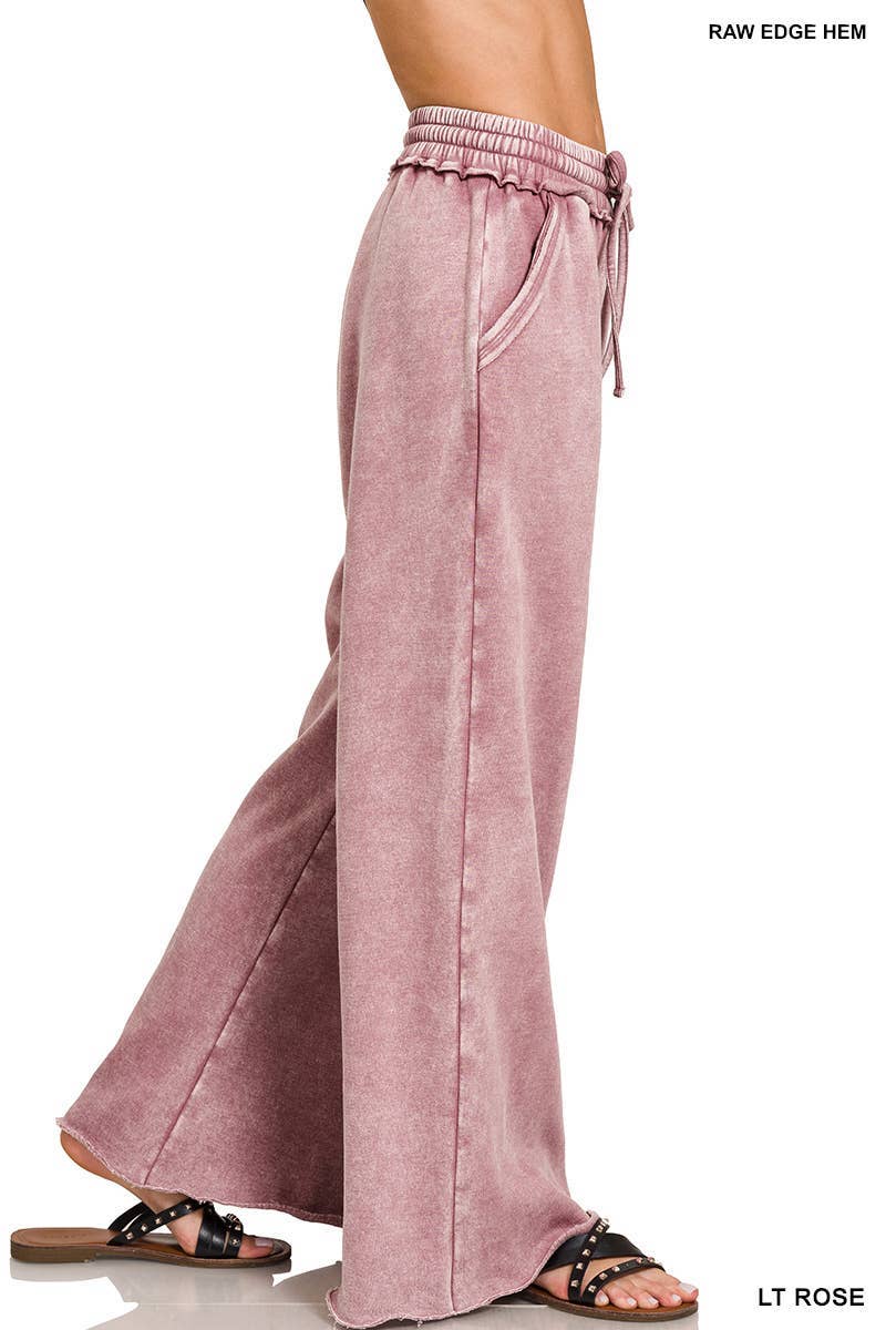 Acid Wash Fleece Palazzo Sweatpants With Pockets: BLACK / 2-2-2 (S-M-L)