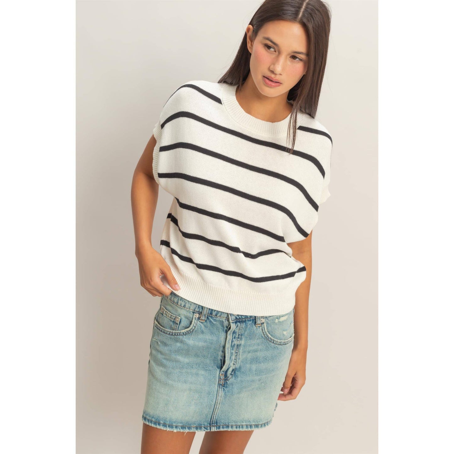 Striped Crew Neck Knit Top: BLUE / S-M-L(2-2-2)