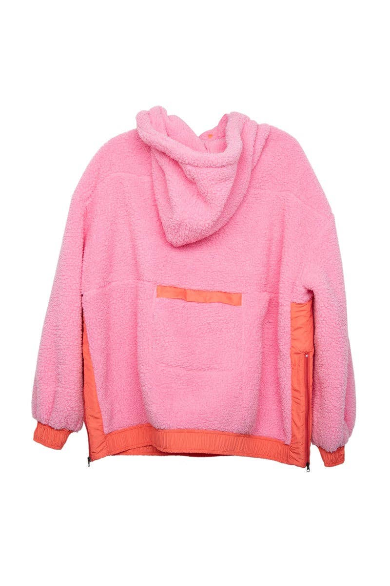 Pink Two-Toned Sherpa Pullover Hoodies: Pink / L