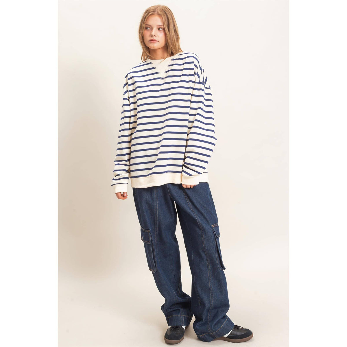 Striped Long Sleeve Pullover: GRAY/ECRU / S-M-L(2-2-2)