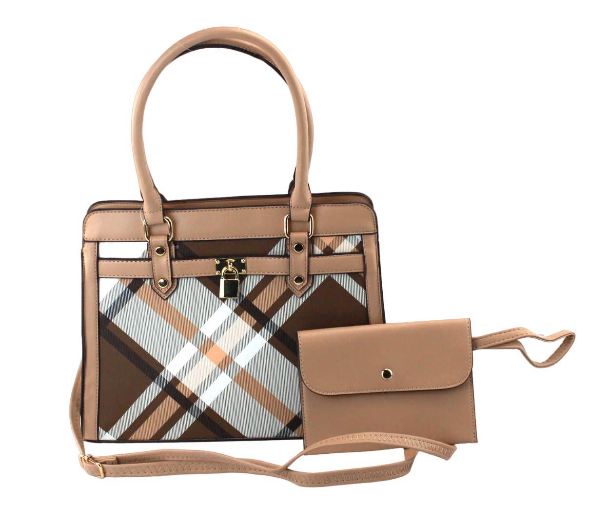 7867A - 2 in 1 PU Plaid Satchel with Wristlet: Black