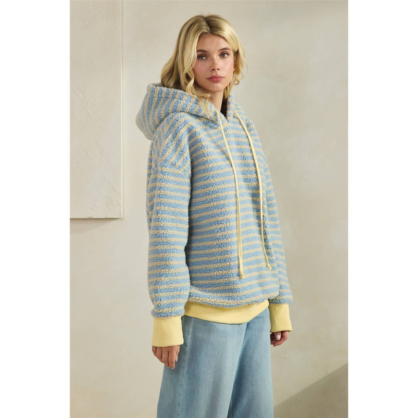 Teddy Striped Contrast Cozy Hoodie: Brown / L