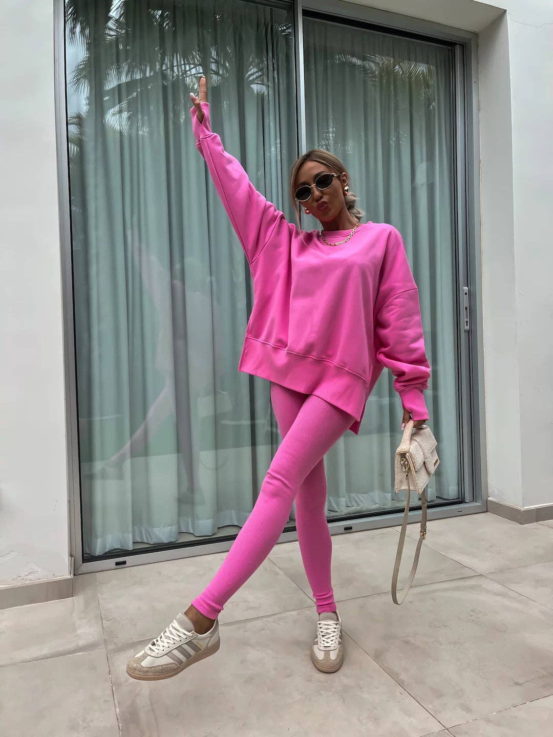 Oversized Sweatshirt and Leggings Two Piece Set: Blue / 100%Polyester / L