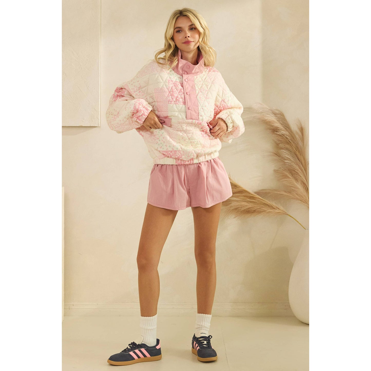 Textured Contrast printed Quarterzip Sweater: Pink Combo / M