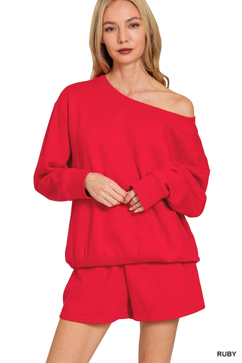 Fleece Sweatshirts & Drawstring Shorts 2pc Set Zenana: ASH MOCHA-186261 / M