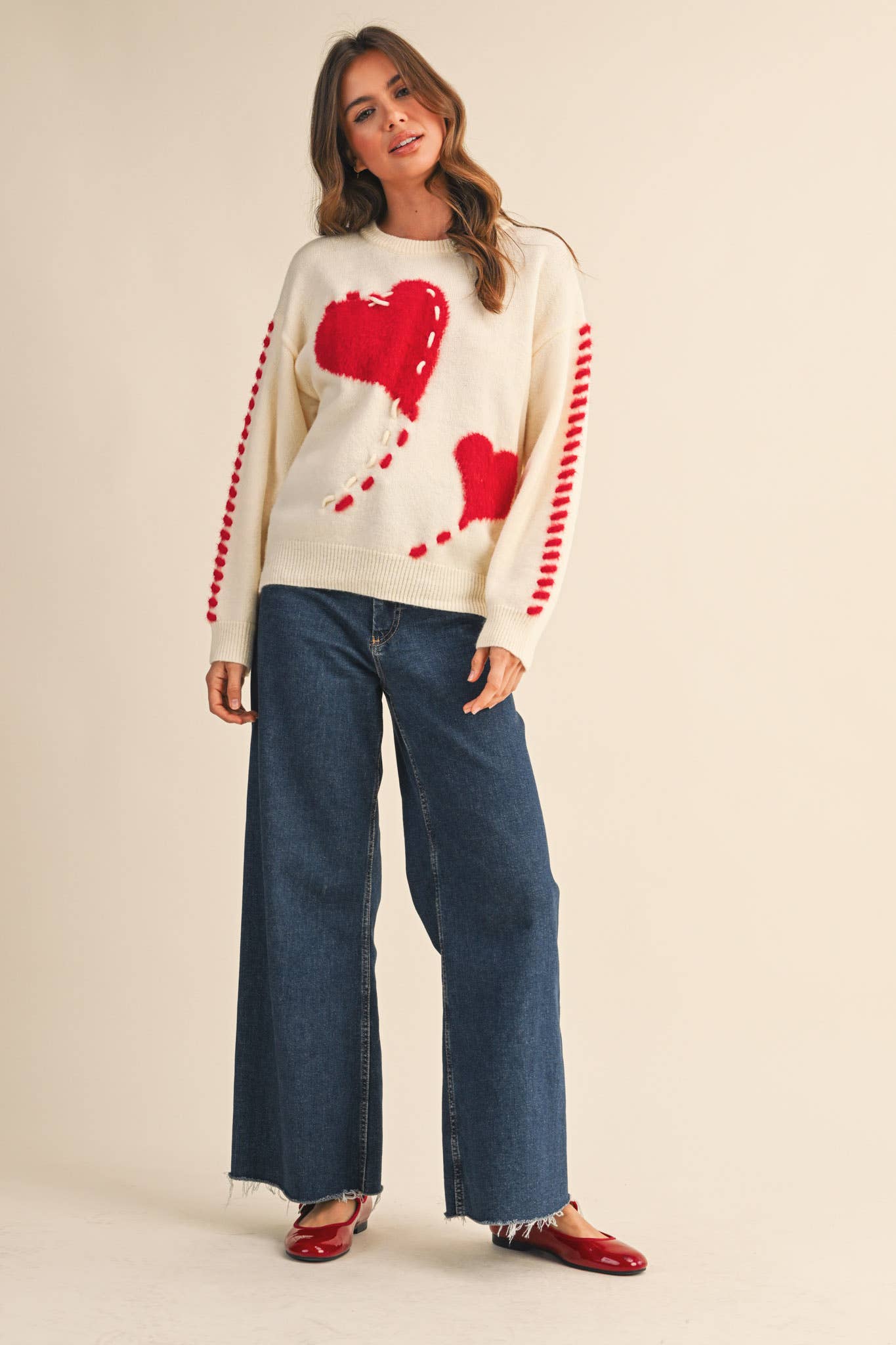 FUZZY HEART KNIT SWEATER WITH WHIP STITCH MSW10990: Red / S
