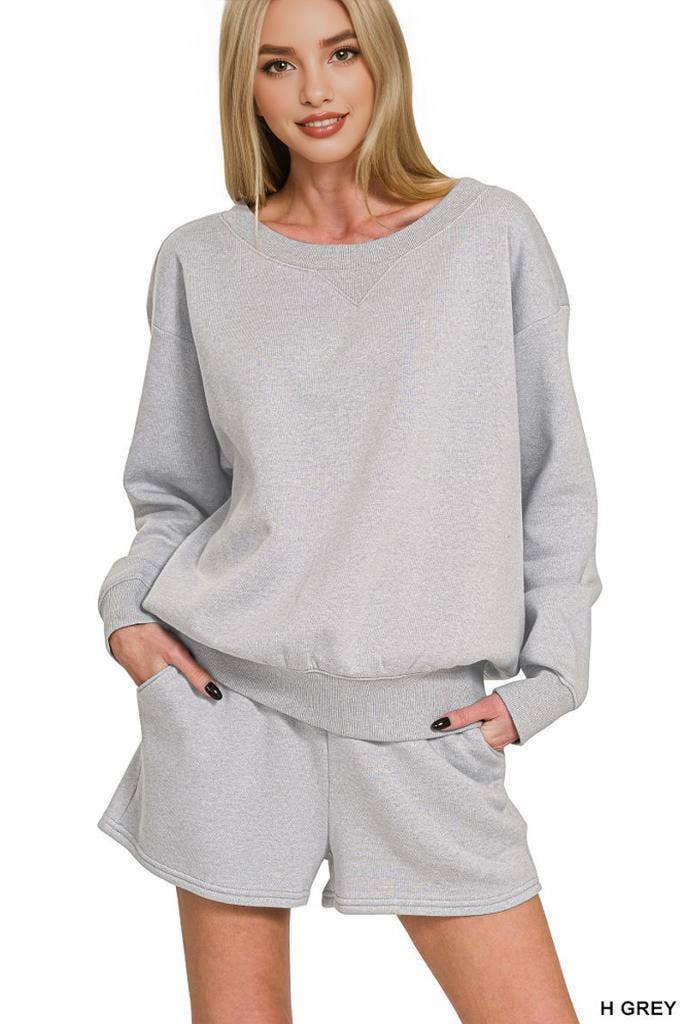 Fleece Sweatshirts & Drawstring Shorts 2pc Set Zenana: ASH MOCHA-186261 / L
