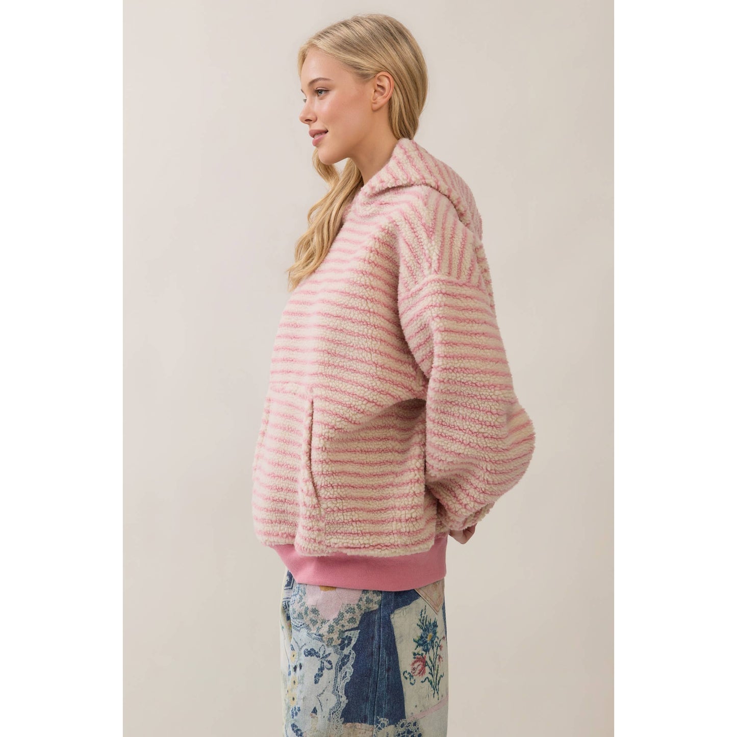 Teddy Striped Contrast Cozy Hoodie: Brown / M