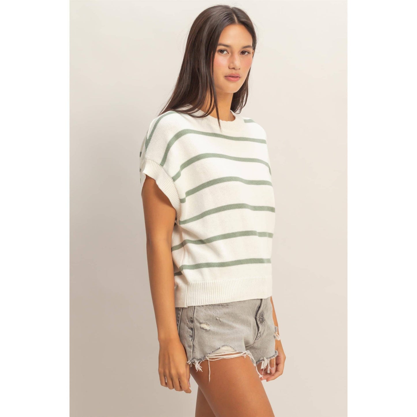 Striped Crew Neck Knit Top: BLACK / S-M-L(2-2-2)