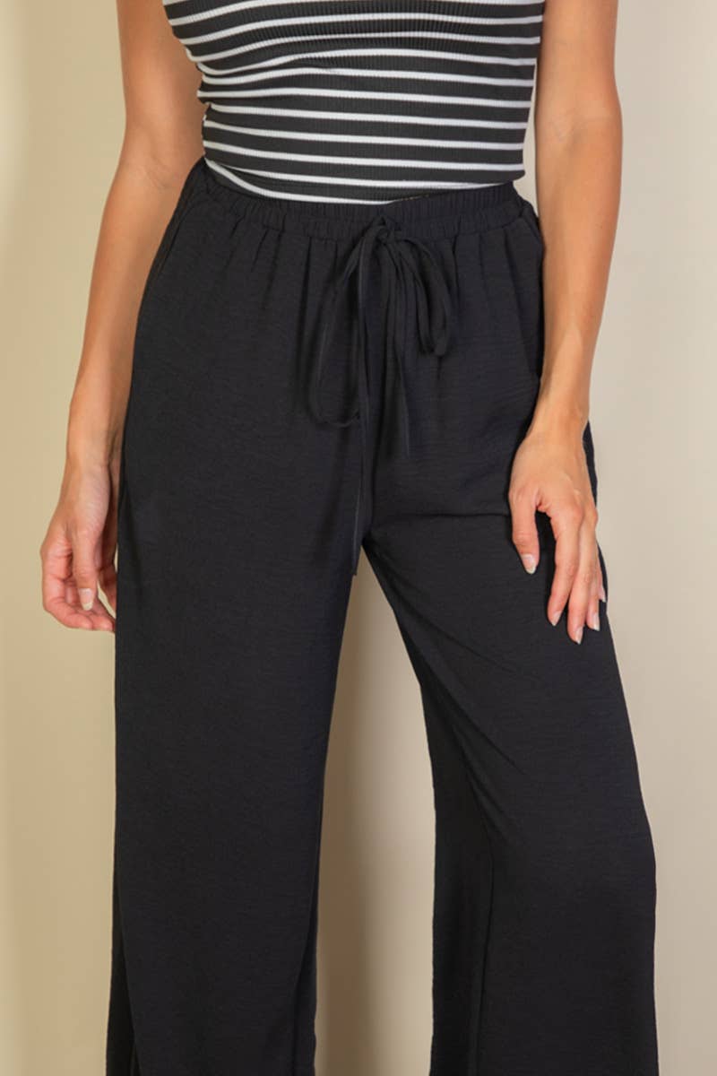 Drawstring waist wide leg minimalist pants: Black / L