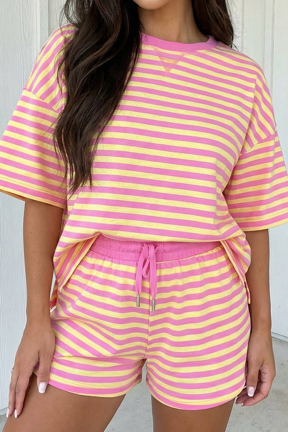 LAS Stripe Contrast Trim Boxy Terry Short Set (S-XL): Rose Stripe / Missy / L