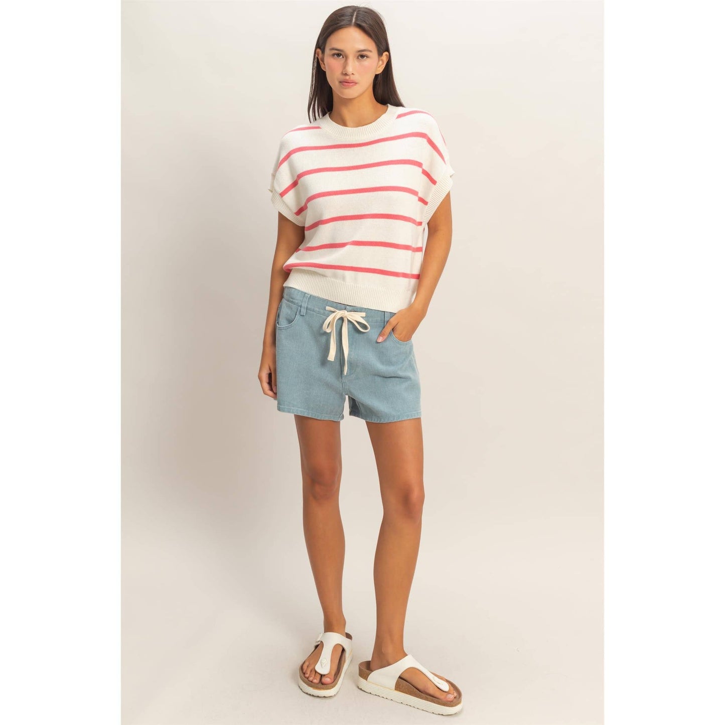 Striped Crew Neck Knit Top: BLACK / S-M-L(2-2-2)