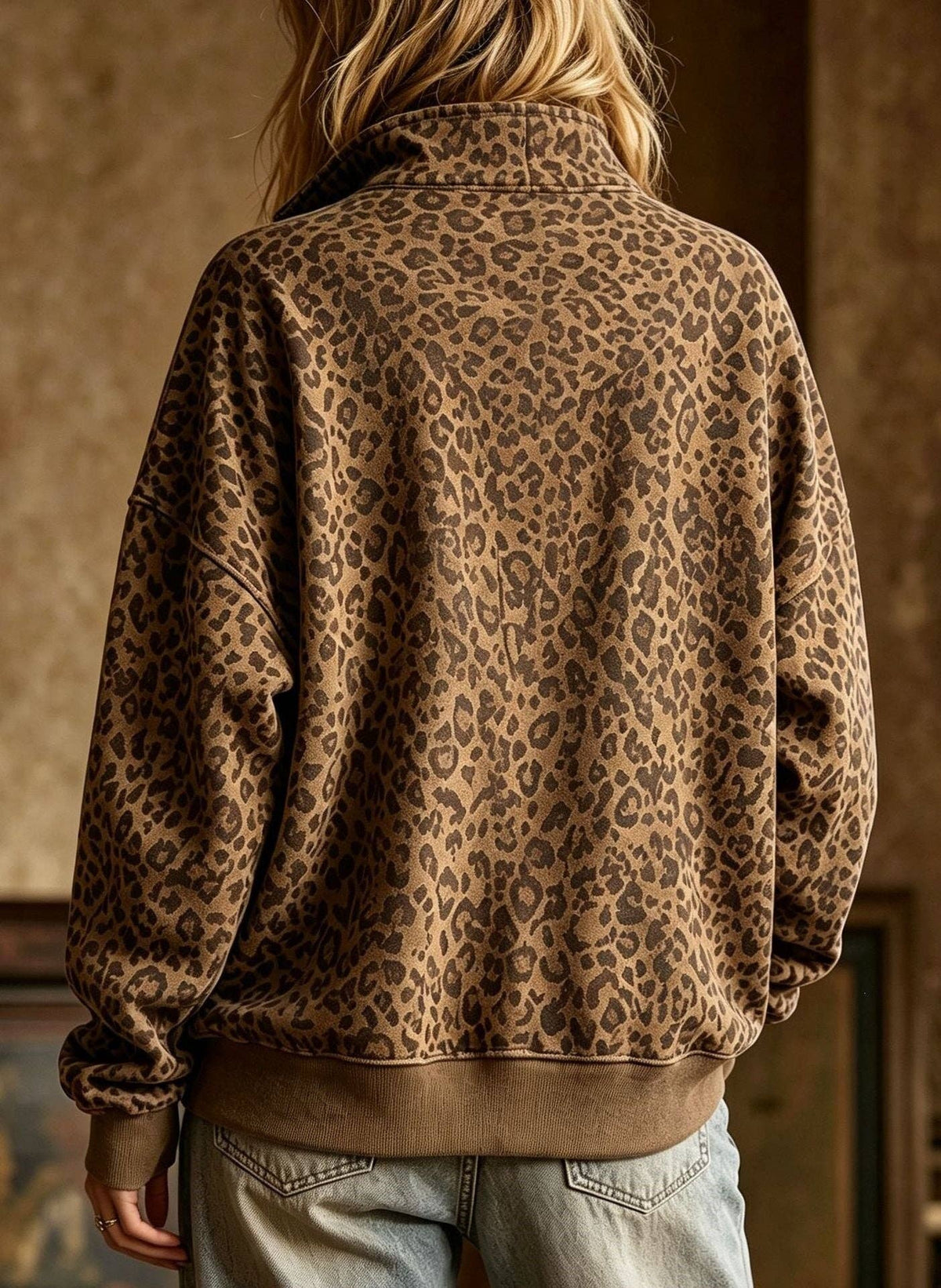 Leopard Print Half Zip Oversized Pullover Sweatshirt: Coffee / 95%Polyester+5%Elastane / L