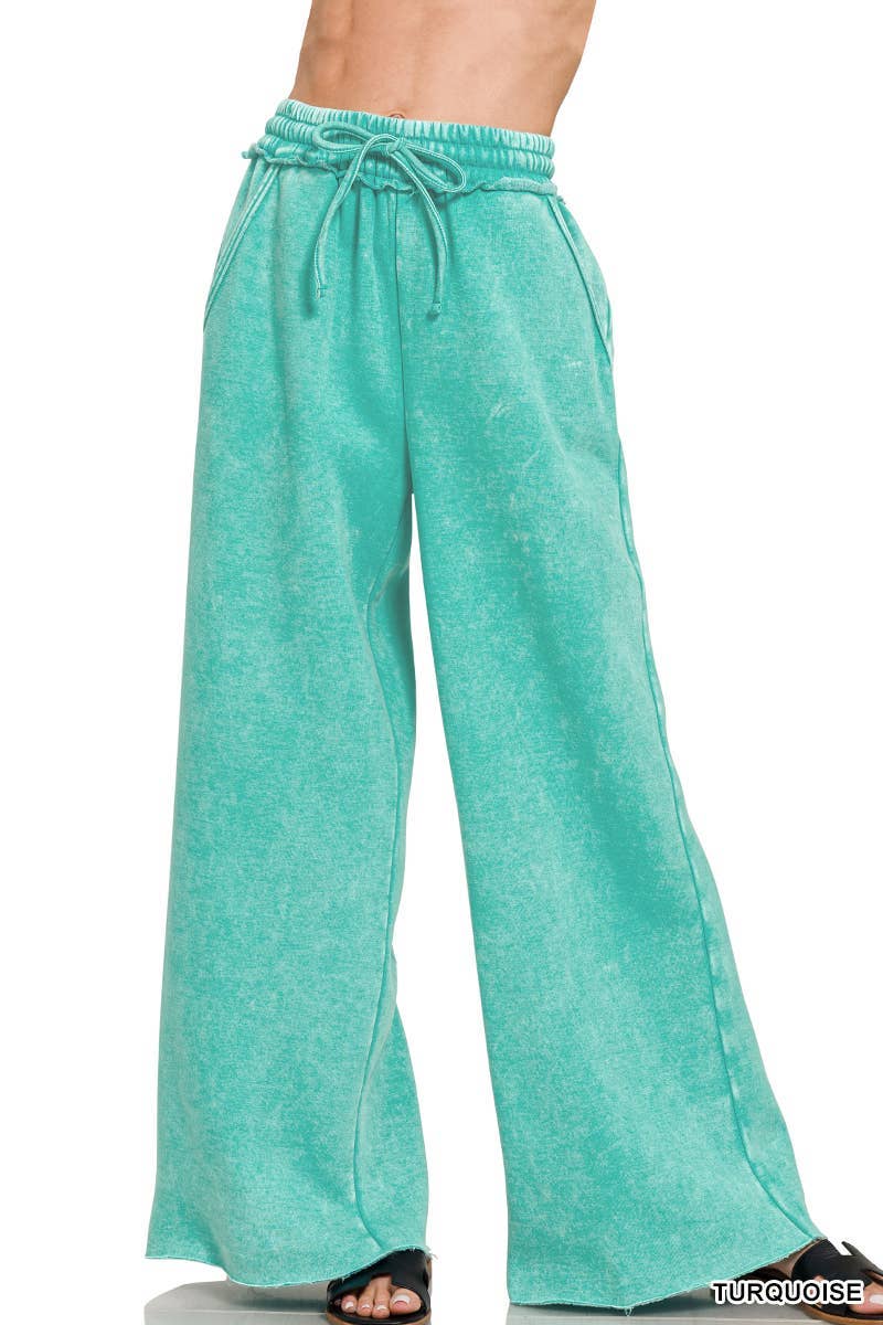 Acid Wash Fleece Palazzo Sweatpants With Pockets: BLACK / 2-2-2 (S-M-L)