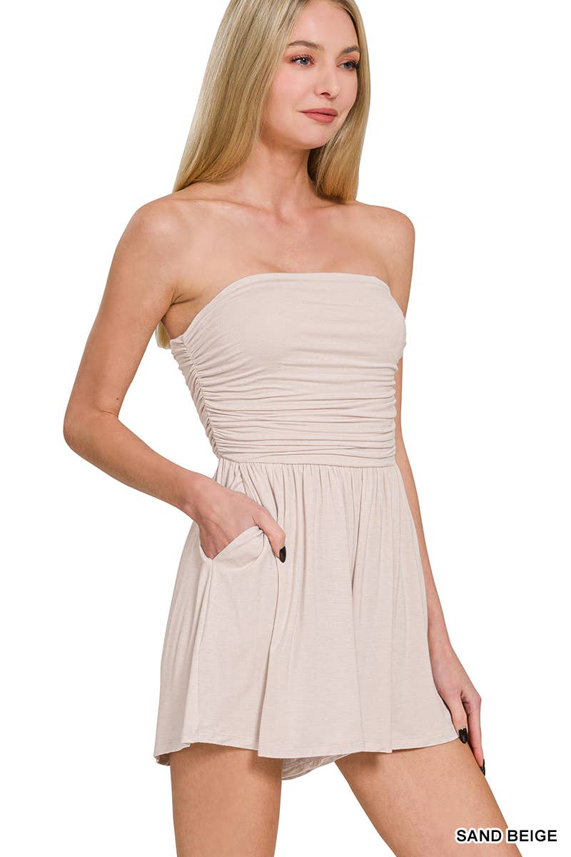 0429 Double Layered Strapless Tube Top Romper w/ Pockets SI-27473: BLACK-178871 / L
