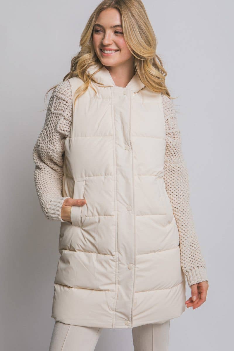 Hooded Long Quilted Puffer Vest: OLIVE / 2-2-2(S-M-L)
