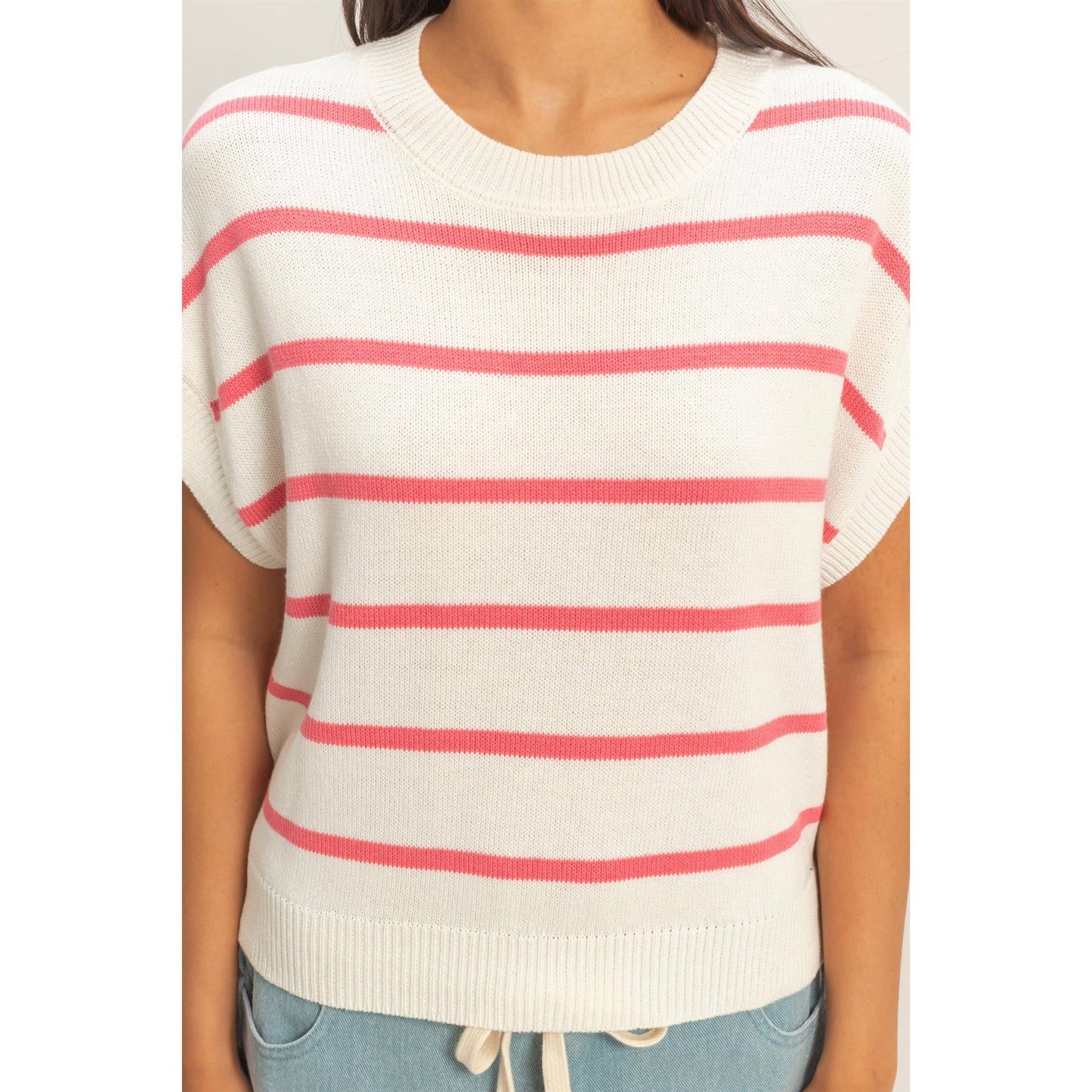 Striped Crew Neck Knit Top: BLUE / S-M-L(2-2-2)