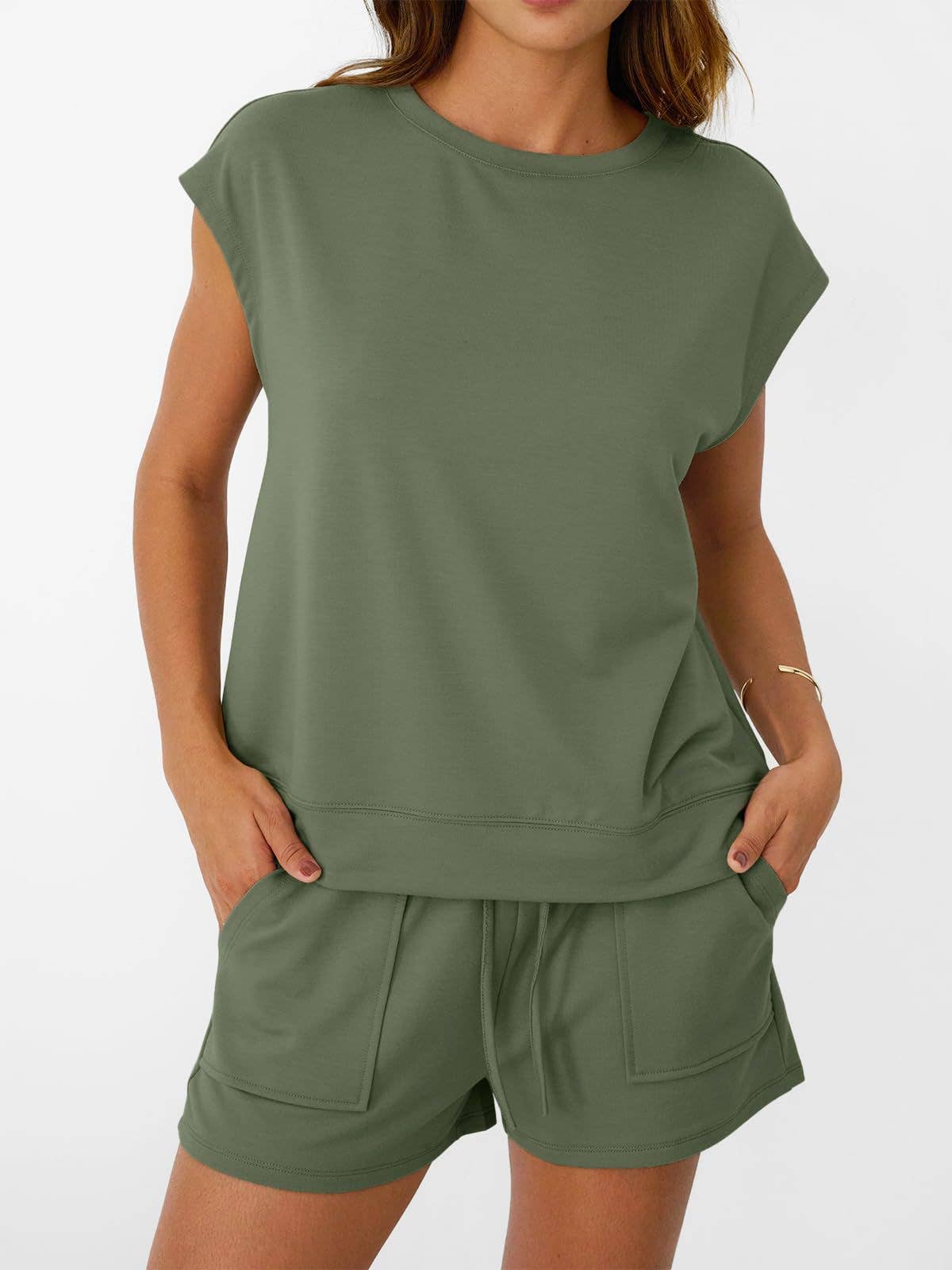 Casual Lounge Set Cap Sleeve Top Drawstring Shorts: Black / 65%Polyester+30%Viscose+5%Elastane / M