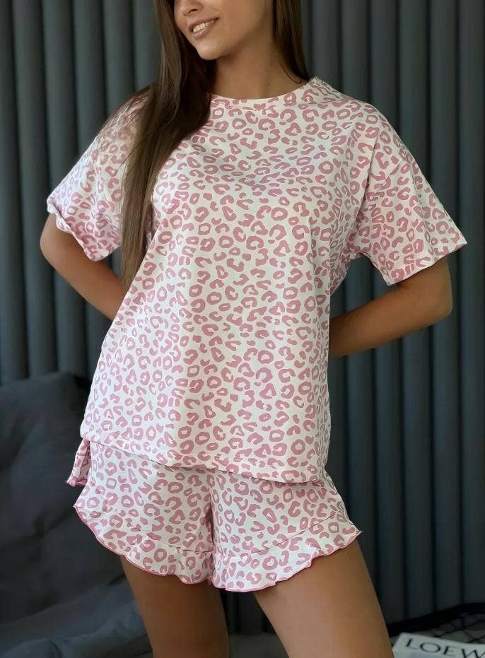 Leopard Print Pajama Set Ruffle Trim Shorts Loungewear: Gray Leopard Print / 95%Polyester+5%Elastane / L