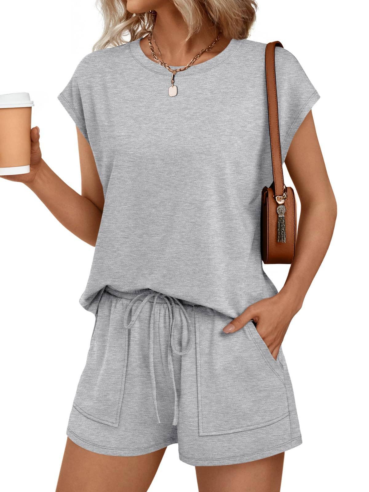 Casual Lounge Set Cap Sleeve Top Drawstring Shorts: Black / 65%Polyester+30%Viscose+5%Elastane / L