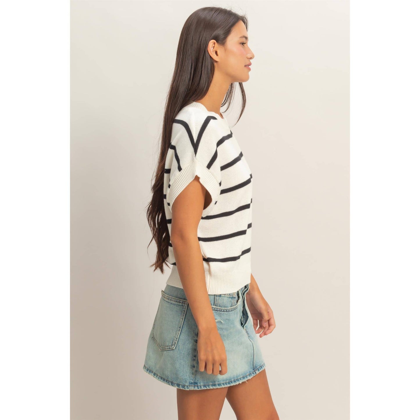 Striped Crew Neck Knit Top: BLACK / S-M-L(2-2-2)